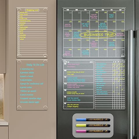 JJPRO Non-Magnetic Calendar for Fridge-Clear Monthly Calendar,Weekly Planner,List and Blank Board -Reusable Board Sticks to Fridge,Wall,Door&Glass,Non Magnetic Fridge Calendar