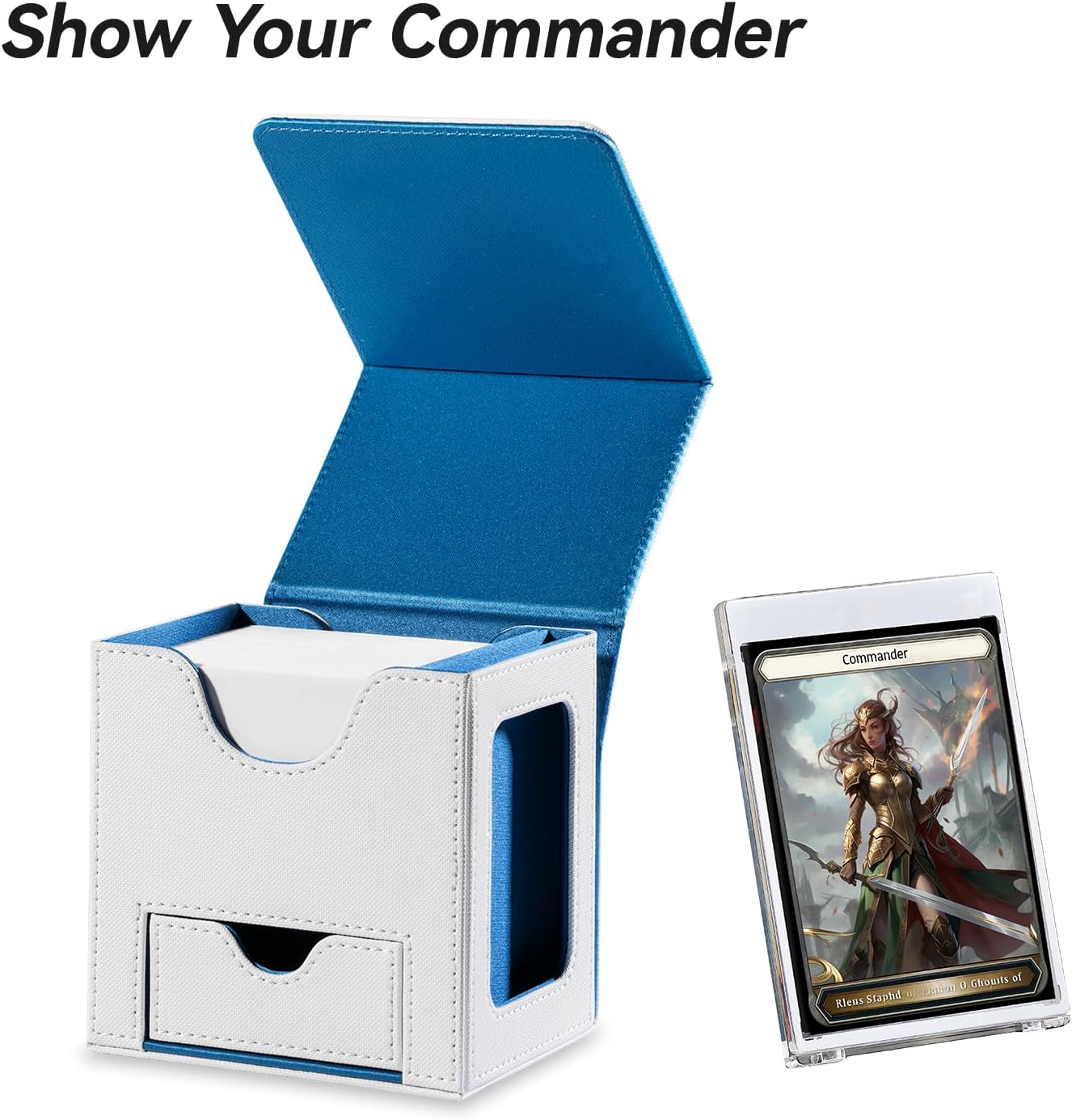 Mage Tech Card Deck Box for MTG Commander - Patented Design, Commander Display, Fits 100 Double-Sleeved Cards, 35pt Card Brick & Dice Tray - White/Blue