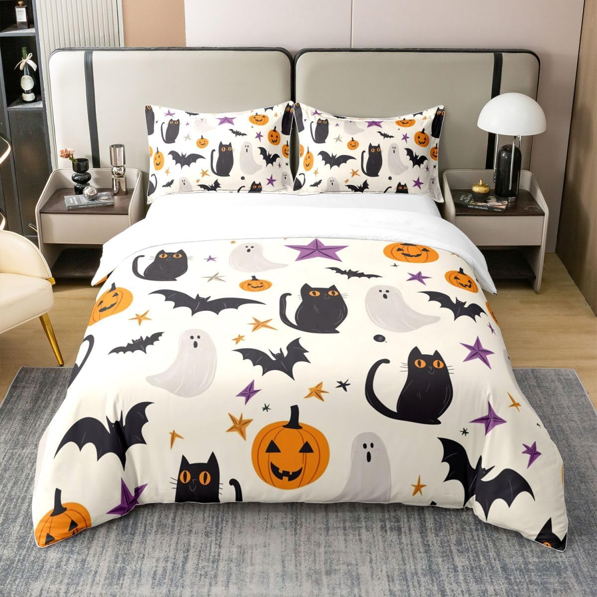 Feelyou Happy Halloween Duvet Cover 100% Cotton Queen Size Cute Ghost Cat Comforter Cover for Boys Girls Beige Black Orange Bedding Set 3Pcs Pumpkin Lantern Bats Room Decor Breathable Soft M