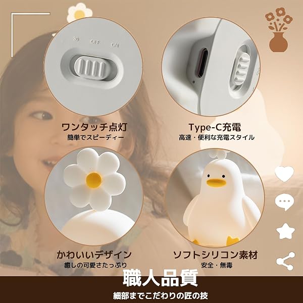 TJT Breastfeeding Light Night Light Cute Bedside Lamp Flower Duck Design Silicone Breastfeeding Light 3-Step Dimming 30-Minute Timer Function (Flower Duck) - 3