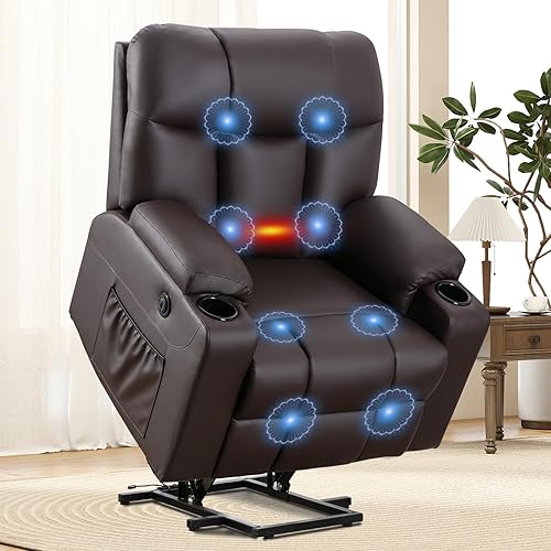 ANJ Power Lift Massage Recliner Chair, Electric Wide Recliner with Heat, 5 Massage Modes,PU Leather Reclining Mechanism with USB Ports, Side Pocket,Cup Holder,Brown
