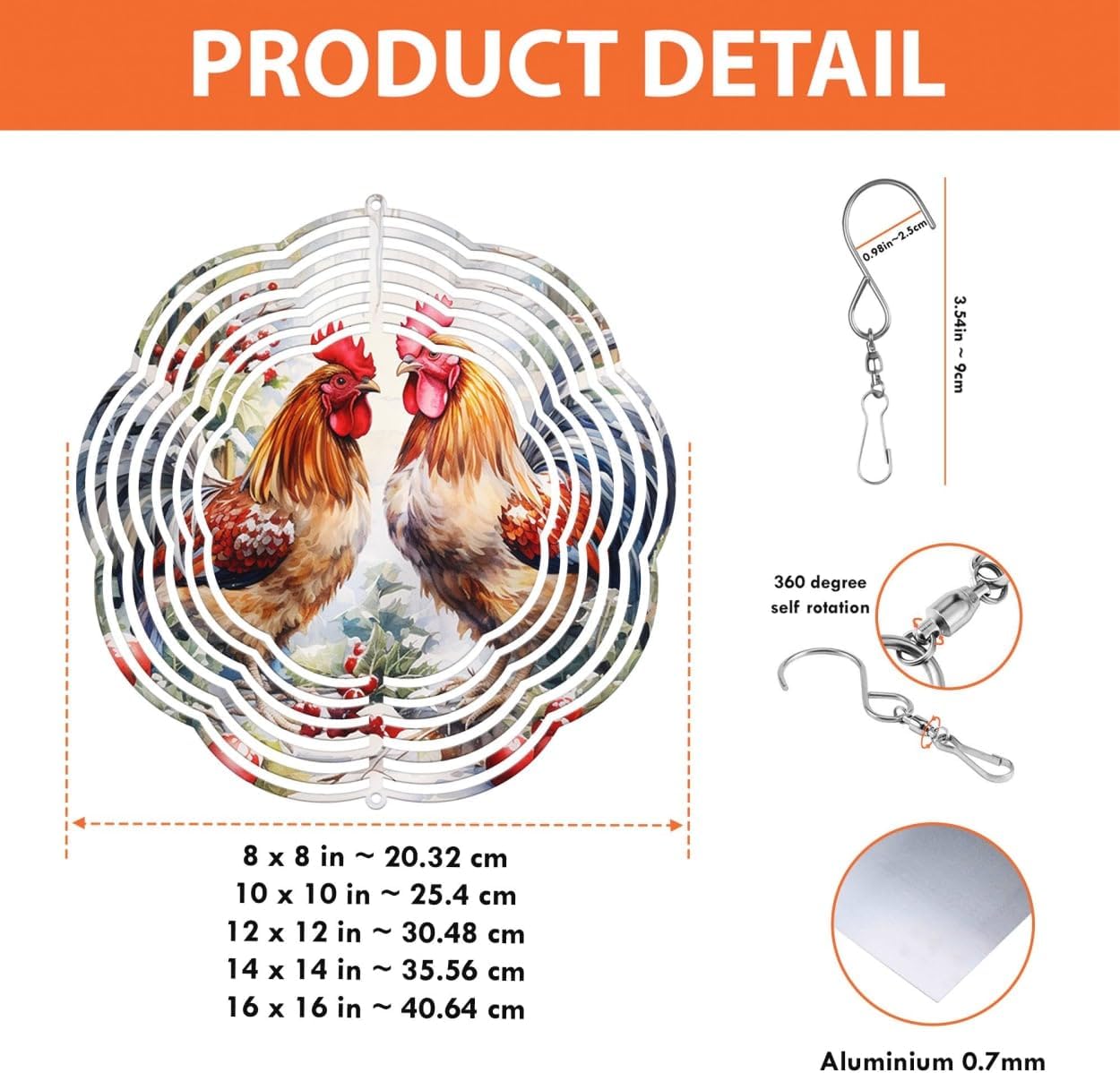 Rooster with Mistletoe Christmas Wind Spinners 3D Stainless Steel Laser Cut Metal Double Sided Printing-Hanging Indoor/Outdoor Decorations Yard Gardening Decor,Metal Kinetic Art 14x14 inches