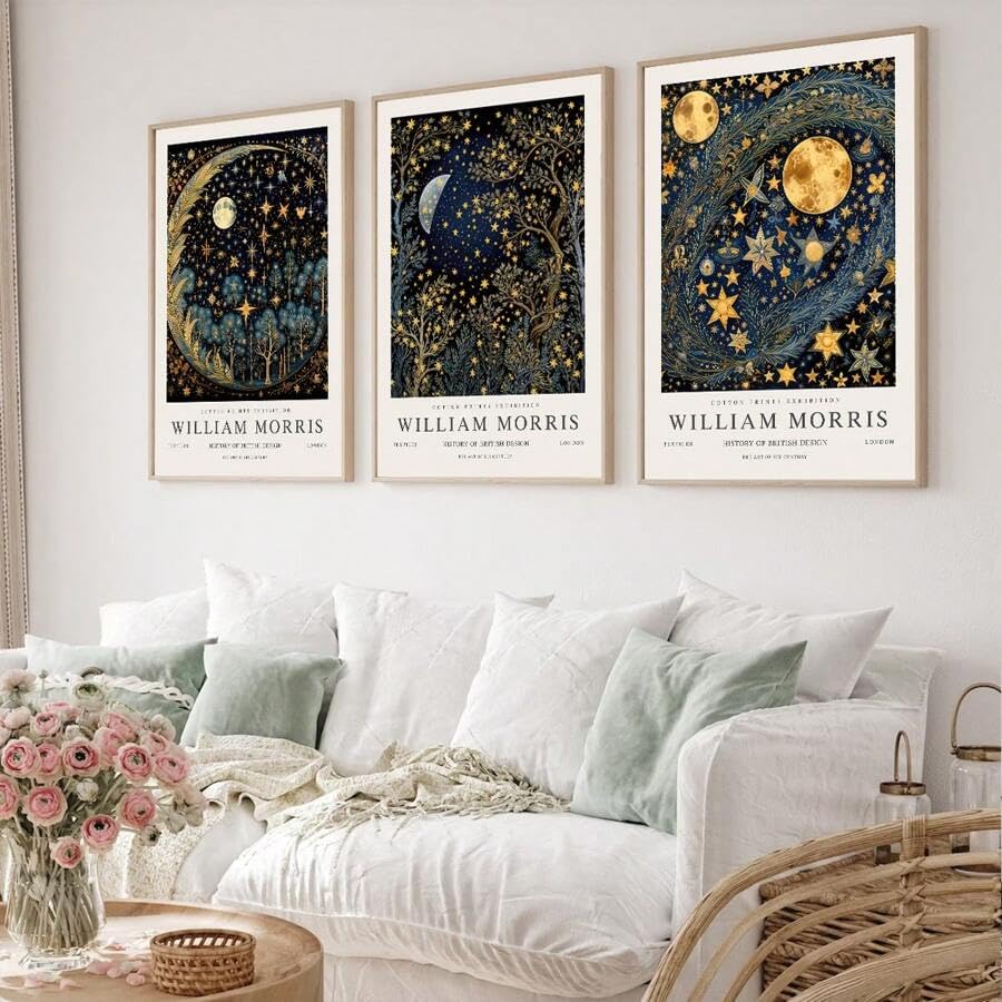 William Morris Moon And Stars Prints, Vintage Wall Art, Textile Art, Retro Poster, Starry Sky Landscape Abstract Art, Bedroom Wall Decor, Unframed 3 sizes (40 * 50)