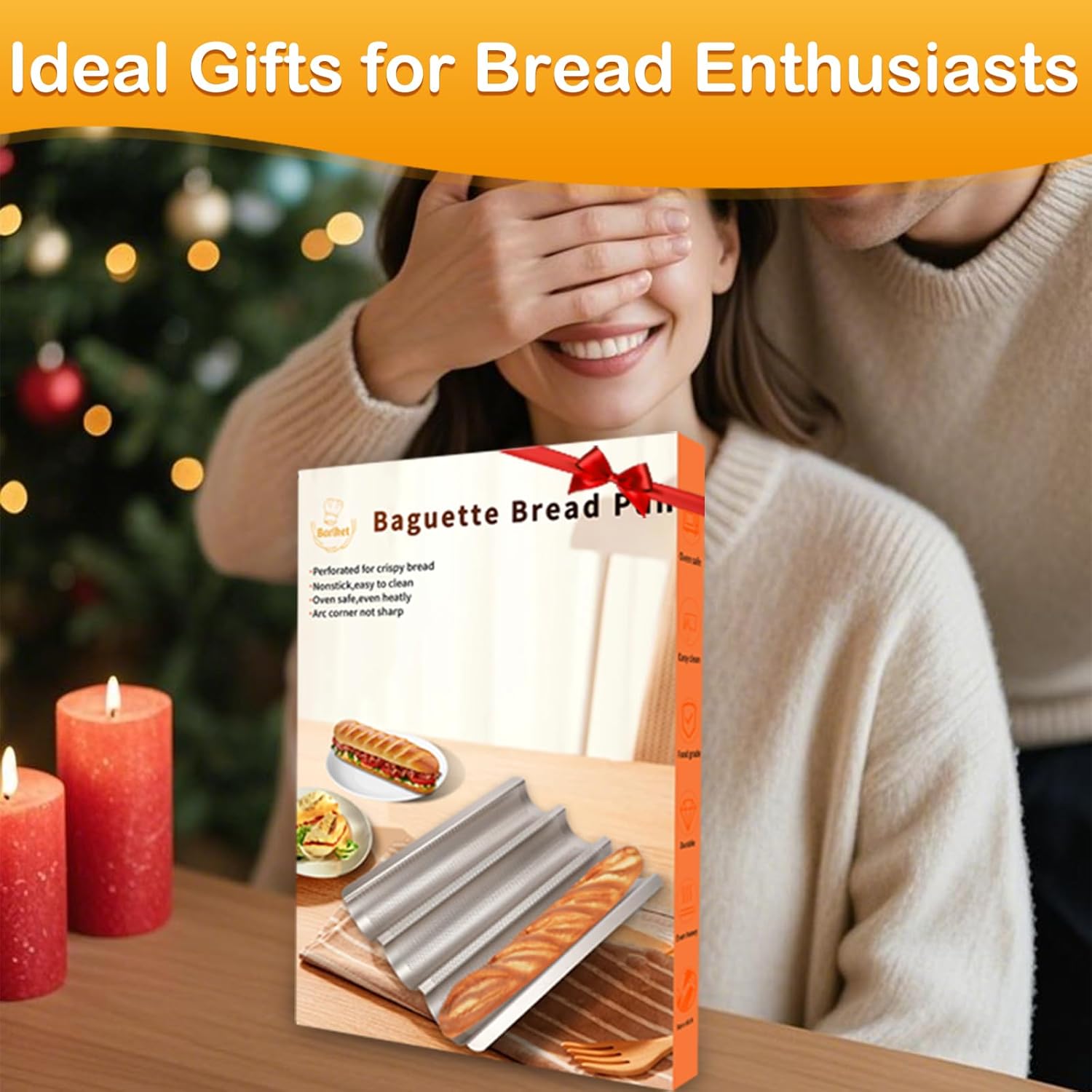 Baguette Bread Pan, Perforated Baguette Tray Nonstick, Oven Safe 3-Loaves Loaf Pan for Baking Homemade Bread, Silver and Black, Set of 2