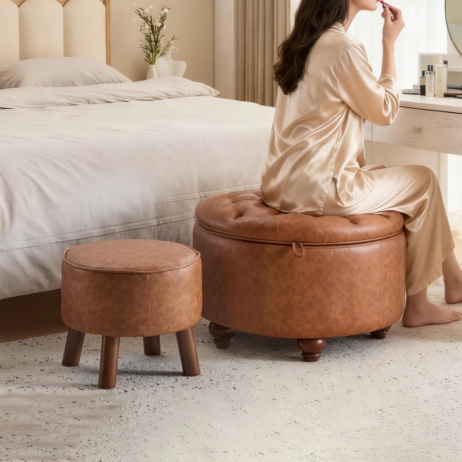 24Inch Round Storage Ottoman, Set of 2, Modern PU Leather Coffee Table with Removable Top, Upholstered Ottoman with Storage Footrest Stool for Living Room, Bedroom (Brown) - Image 9