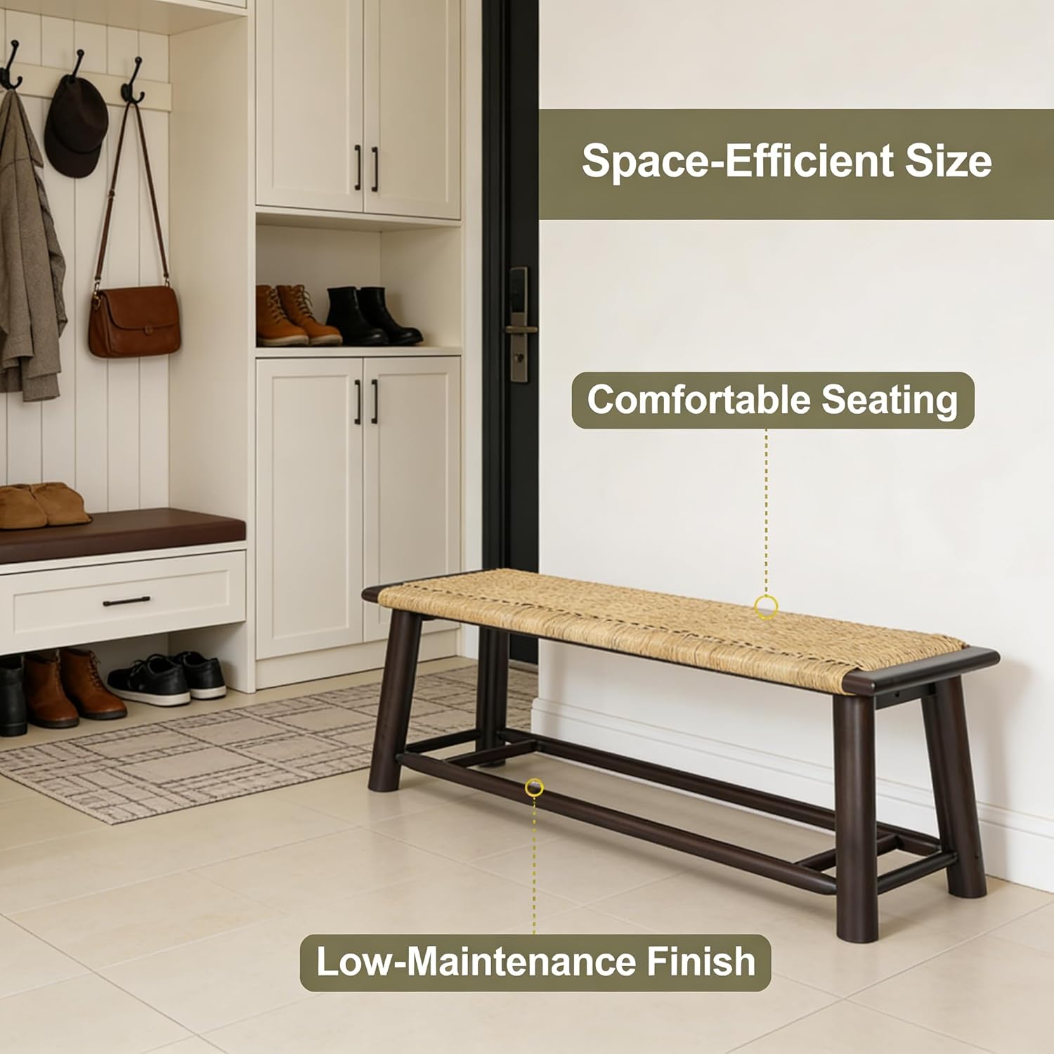 Farmhouse Bench Modern Rattan Wood - 59 Inch Indoor Outdoor Seating Walnut Finish Stylish Multi-Functional for Living Room Patio Entryway Family
