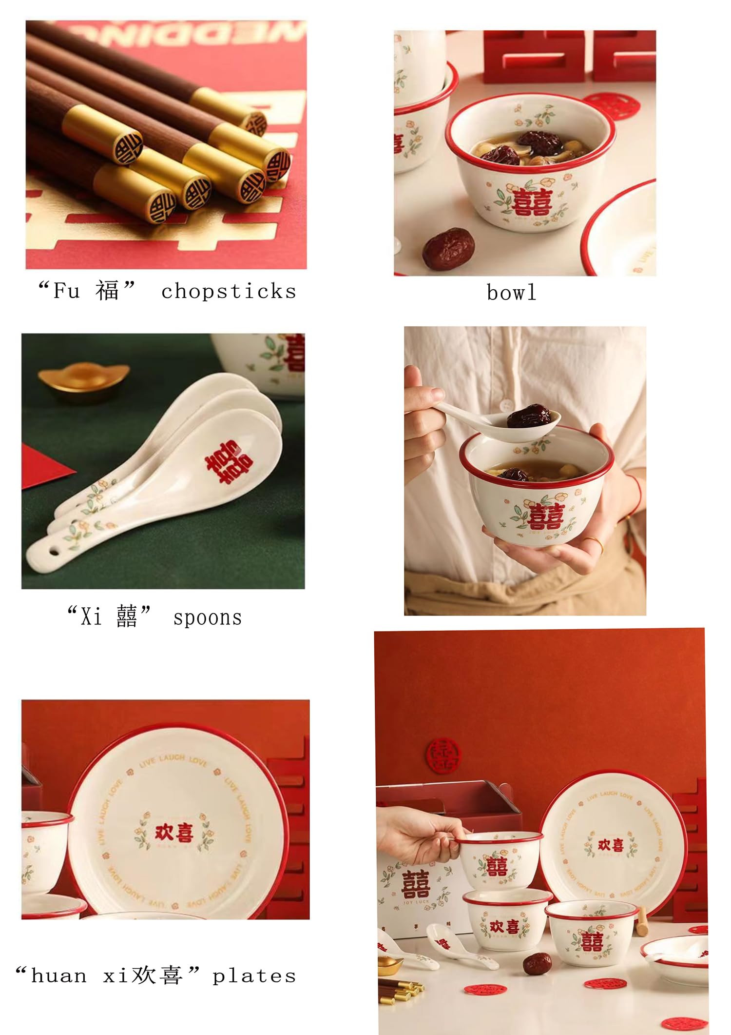 Juego de 10 piezas de vajilla de cerámica para boda, ceremonia de inauguración de la casa, vajilla de cerámica china, cuencos, palillos, cucharas, platos con paquete de regalo
