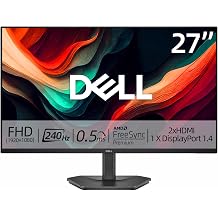 Dell 27 inch Gaming Monitor, FHD 1920x1080, 240Hz, IPS Panel, AMD FreeSync Premium, 0.5ms, LED Display, sRGB 99%, VESA, Comfortview, 2 X HDMI, 1 X DisplayPort, Tilt Adjustable. Black