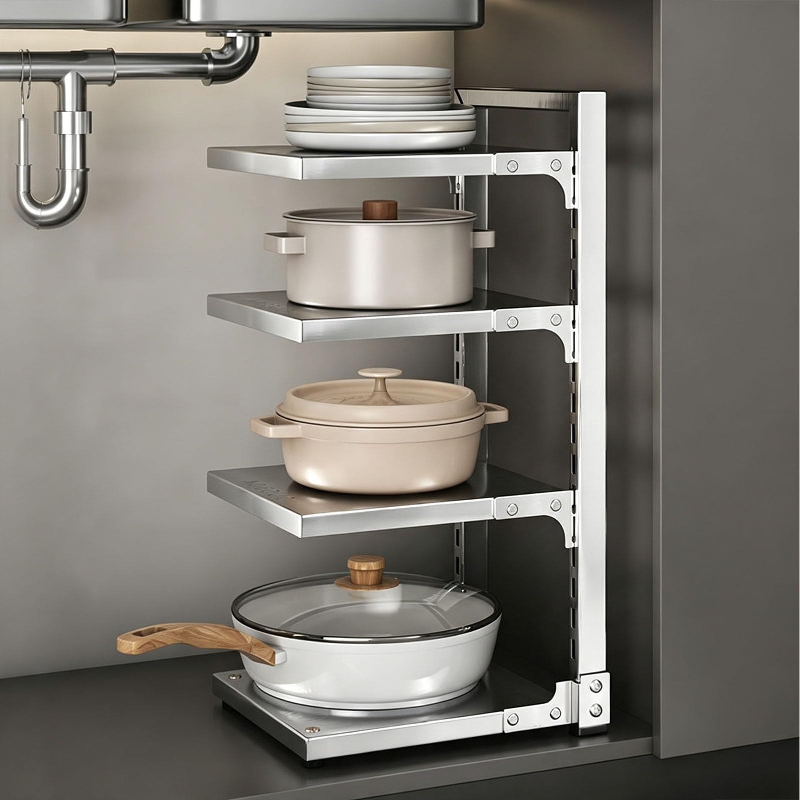 Scaffale Porta Pentole,Organizzatore Regolabile Molti Livelli | Portaoggetti Autoportante con Ripiani Rimovibili,Soluzione Salvaspazio per Mobili Sottolavello,Coperchi e Accessori da Cucina