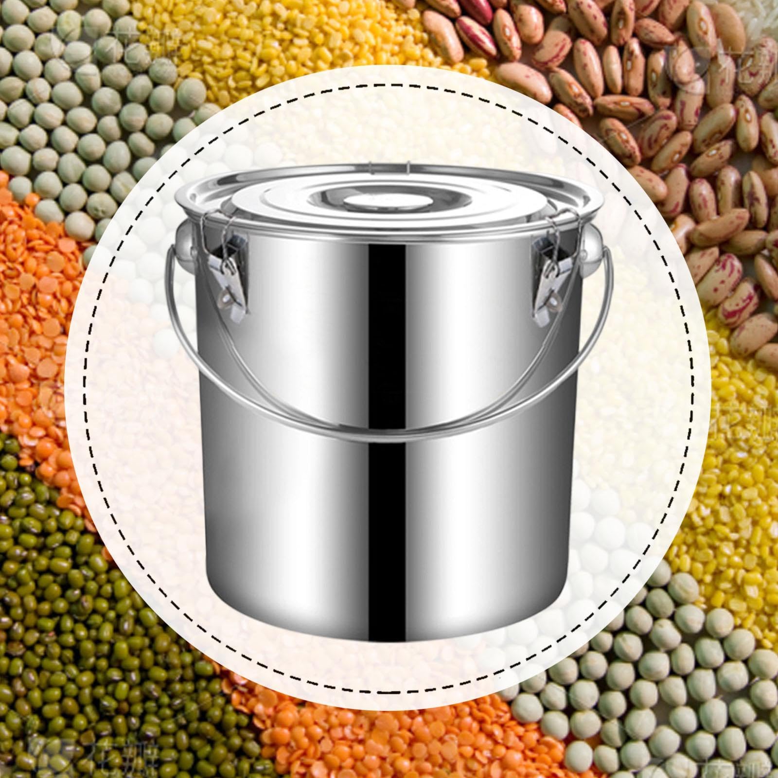 Secchio Acciaio Inox Resistente per Cereali E Olio Contenitore Alimentare Multifunzione con Manico E Coperchio Adatto per Cucina Domestica, 20 Litri