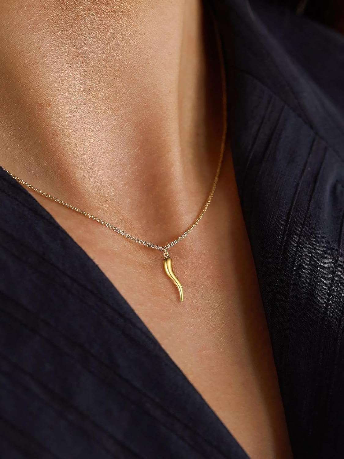 U7 Italian Horn Necklace for Men Women,Stainless Steel/Black/Gold Horn Necklace,Lucky Amulet Cornicello Pendant - Image 8