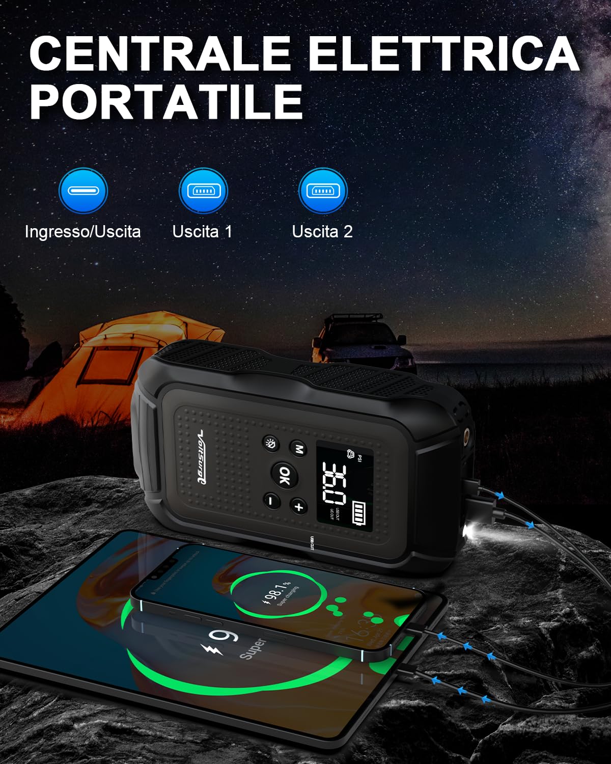 Avviatore Emergenza per Auto, 7000A Jump Starter Booster Avviatore Batteria Auto con Compressore 150PSI (All Gas or 10.0L Diesel) 12V Avviatore di emergenza, Jump Starter, Torcia a LED