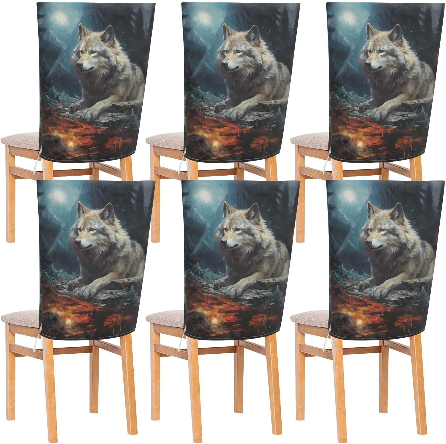 ALAZA Wolf at Night Chair Back Cover Set of 6, Washable Reusable Removable Chair Slipcovers Decorative Chair Cover for Home Kitchen Wedding Party
