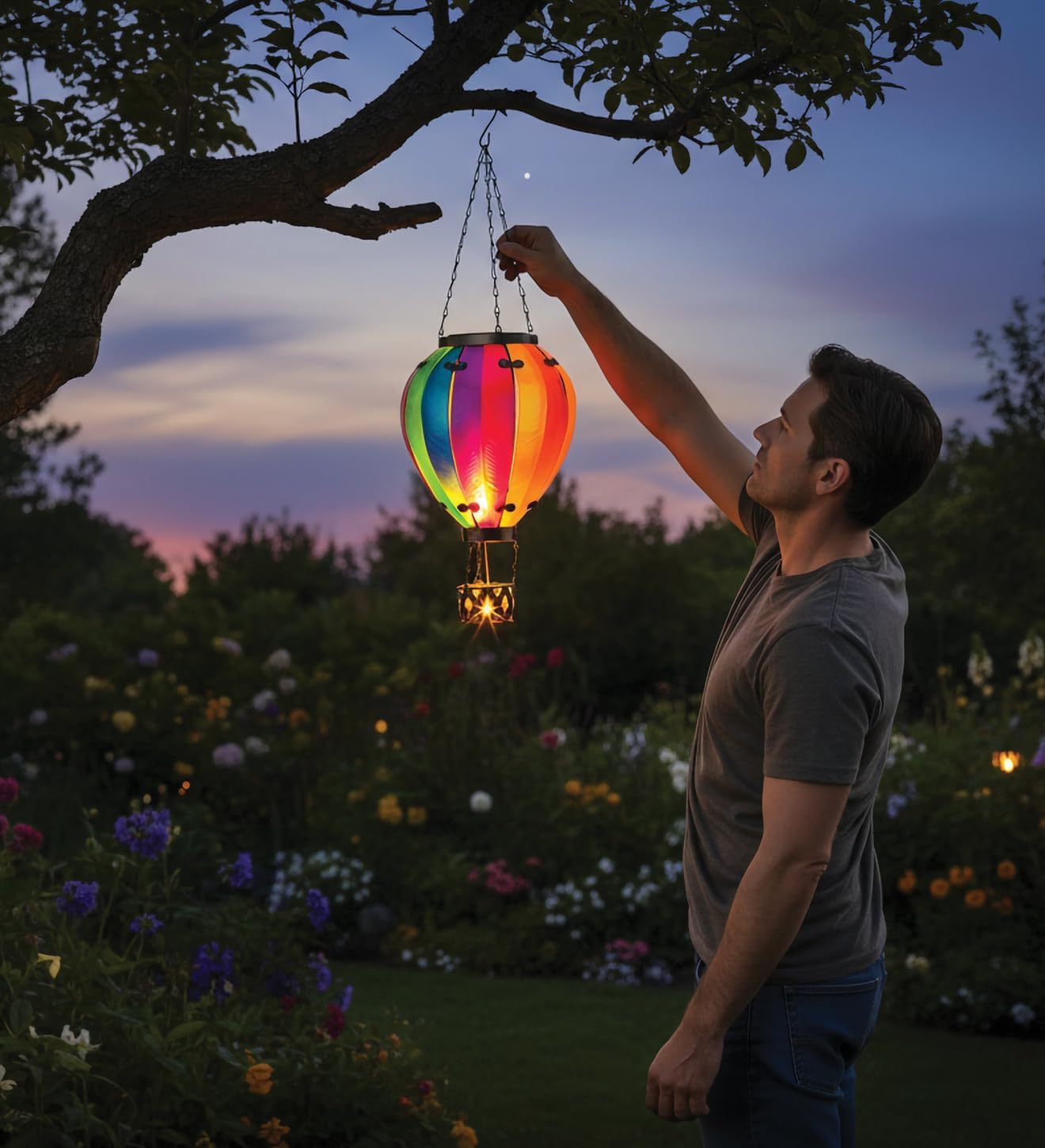 Regal Art & Gift 23.5 Inch Hot Air Balloon Solar Lantern – Hanging Solar-Powered LED Lights, Waterproof Portable Decorative Outdoor Lamp Made of Metal & Glass for Garden, Patios & Pathway – Rainbow