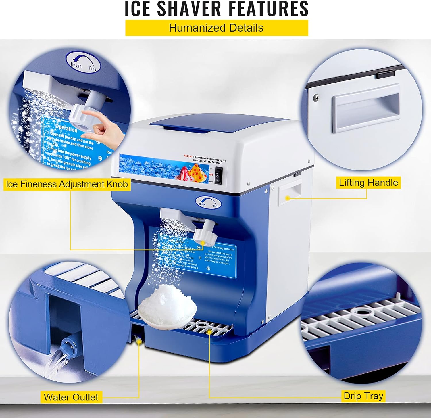 VEVOR 110V Electric Shaved Ice Machine 500W Snow Cone Maker Tabletop w/Adjustable Ice Texture, Ice Shaving Machine 265LBs/hr for Home and Commerical Use