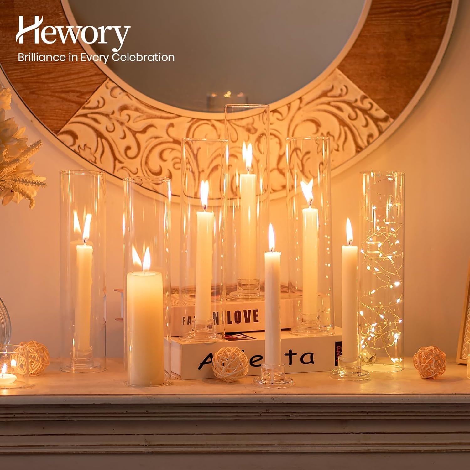 Hewory Hurricane Glass Candlestick Holders : 6 Pcs Clear Taper Candle Holders for Candlesticks - Hurricane Glass Candle Stick Candle Holders Bulk for Table Centerpiece Wedding Christmas Home Decor