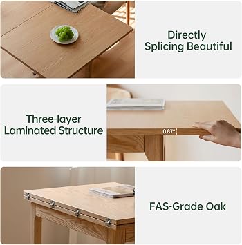 48 Folding Dining Table, Modern Solid Wood Dining Table, Space Saving Square Table, Kitchen Table for 6, Table Converts to Dining Table for Living Room, Home Office (Oak-Colored)