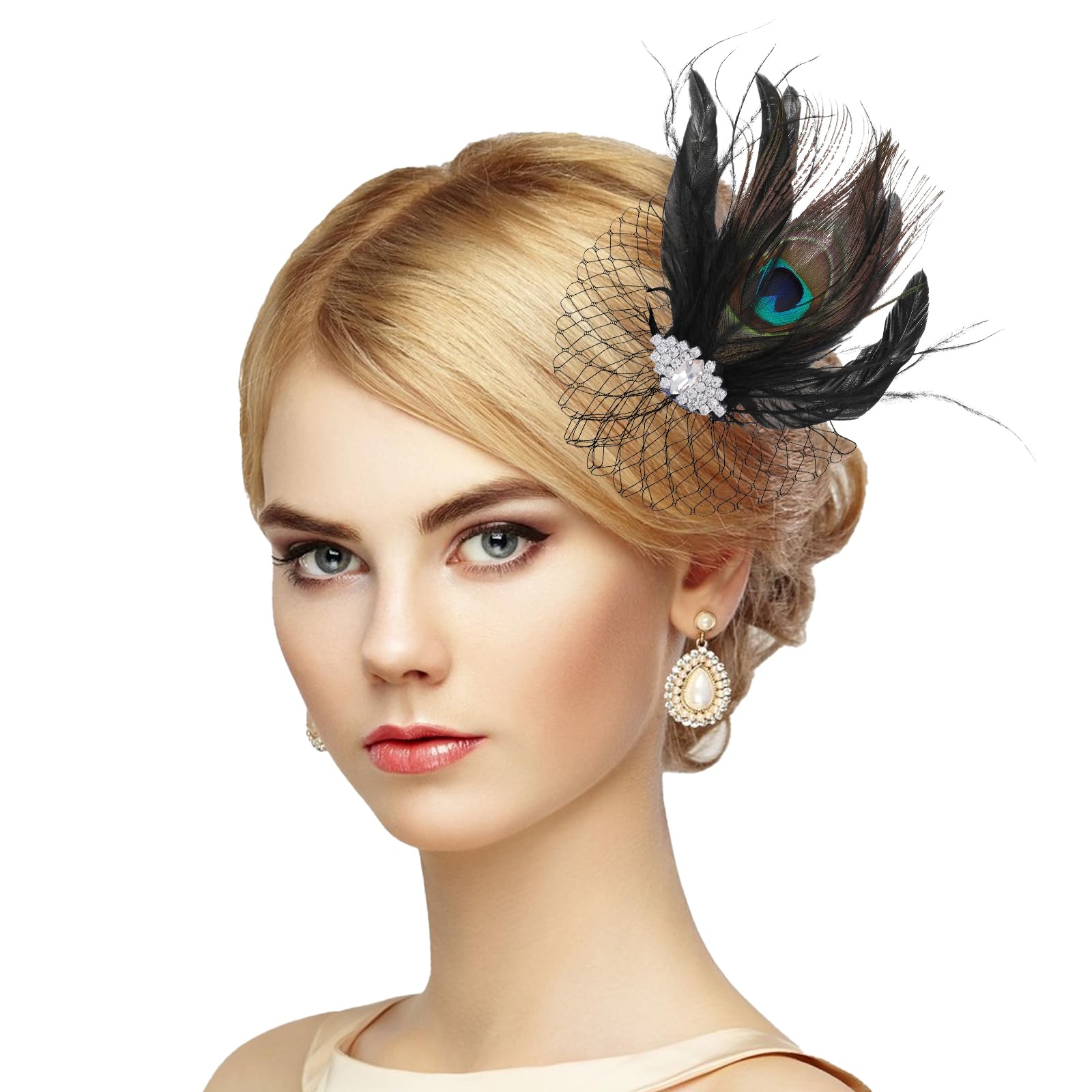 LusofiePeacock Feather Fascinator for Women Feather Mesh Veil Feathers Peacock Fascinator Headband Wedding Party Hat Tea Hat Black Veil, Picture Colour, One Size