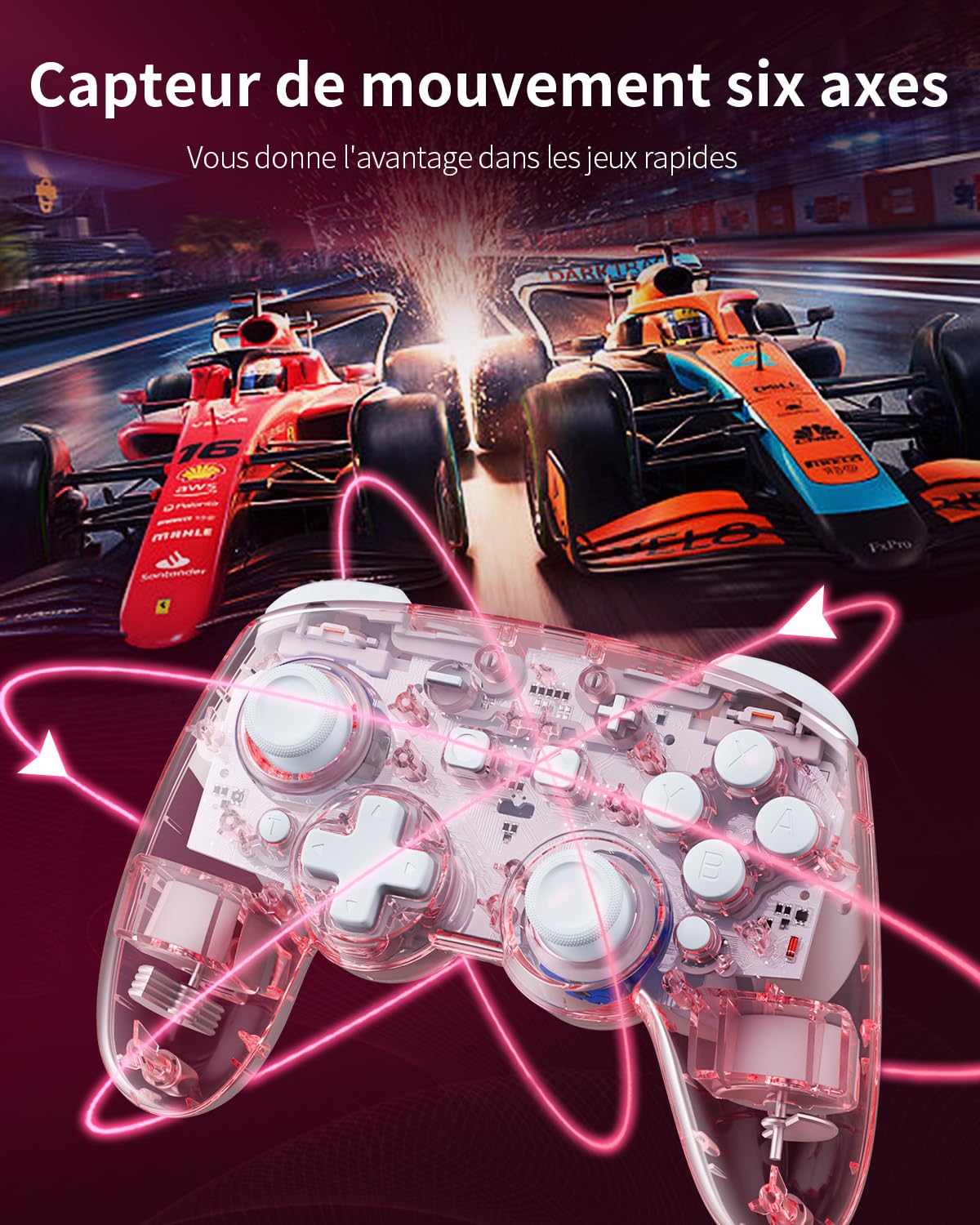 PALPOW Manette Switch à Effet Hall sans fil, Compatible avec Switch 2/OLED/Lite, Gamepad Bluetooth avec 7 Couleurs LED/Macro/Capteur de Mouvement/Turbo - Rose Transparent
