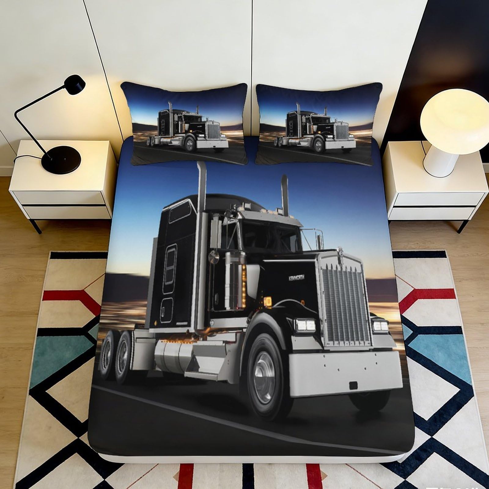 3D Printed Black Truck Fitted Sheet Microfiber Durable Soft Bedding 3D Printed Semi Truck Mattress Cover for Bedroom Dorm Dormitory Decor 180x200x25cm