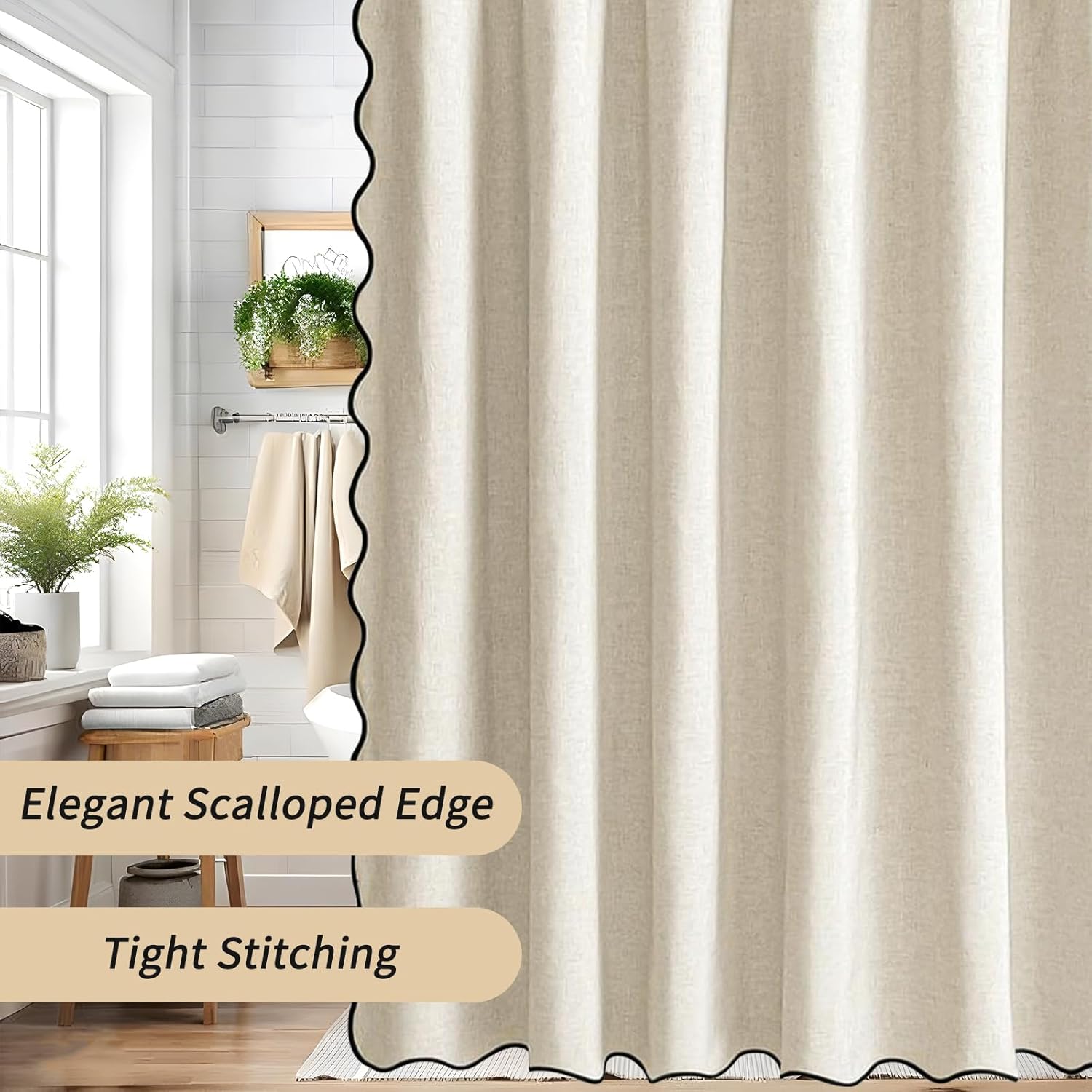 Seorsok Scalloped Design&Black Border Shower Curtain,Linen Textured Shower Curtain with 12 Metal Hooks,Fabric Neutral Thick Cloth,Machine Washable Waterproof Bathroom Decor W72*L72,Beige/Cream