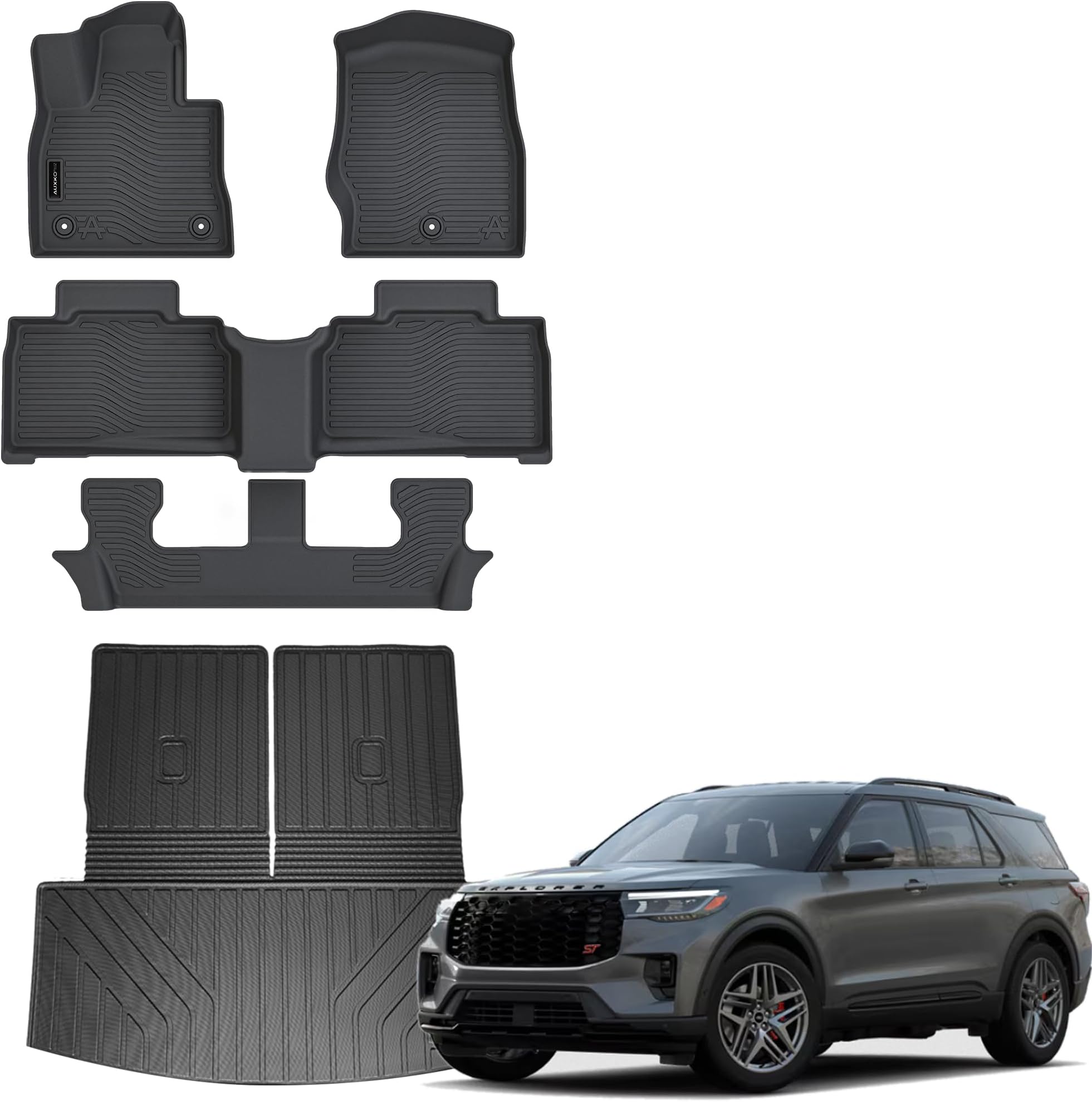 Auxko All Weather Floor Mat & Cargo Mat with Back Seat Mat Fit for Ford Explorer 7 Seat 2026 2025 2024 2023 2022 2021 2020 TPE Floor Liner Trunk Mat Accessories All Season Odorless Anti-Slip Black