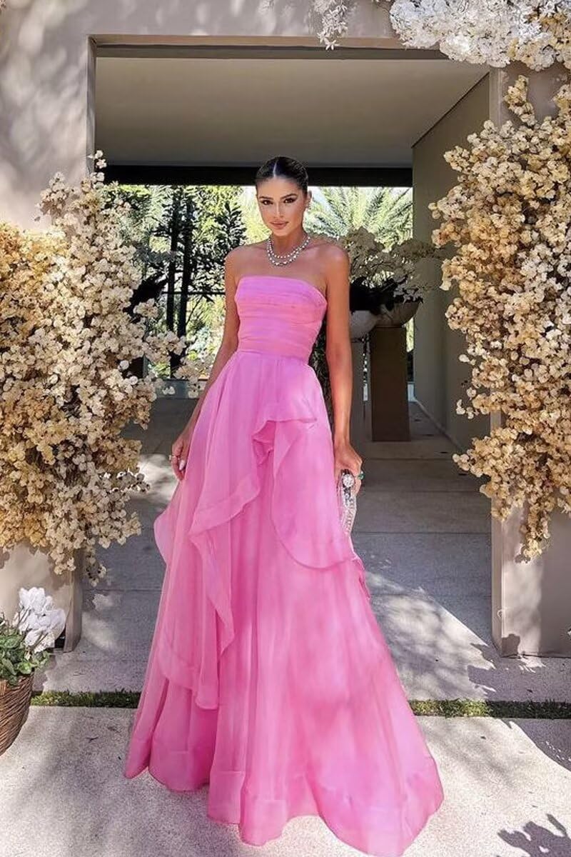 Ruffle Long Ball Gowns for Women Formal A-Line Strapless Bridesmaid Dress 2026 Tiered Tulle Prom Party Gowns DR0181 DR