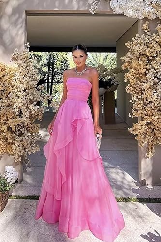 Miniatura 3 de Vestidos largos de baile con volantes para mujer, formal, acampanado, sin tirantes, vestido de dama de honor, 2025, de tul escalonado, vestidos