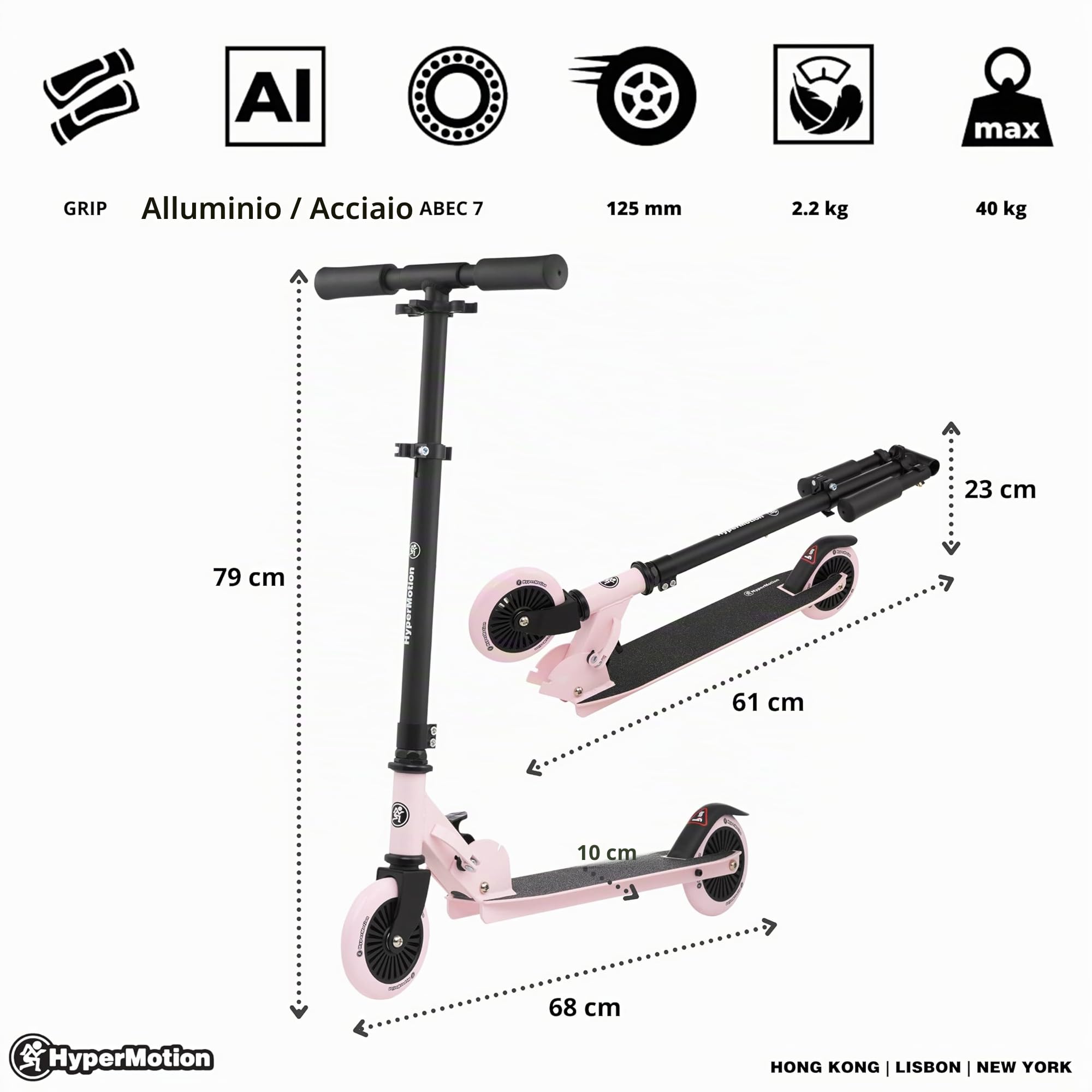 HyperMotion Monopattino per bambini 3-8 anni, monopattino Willy, pieghevole, altezza manubrio regolabile, ruote in gomma, piattaforma antiscivolo, capacità di carico fino a 40 kg