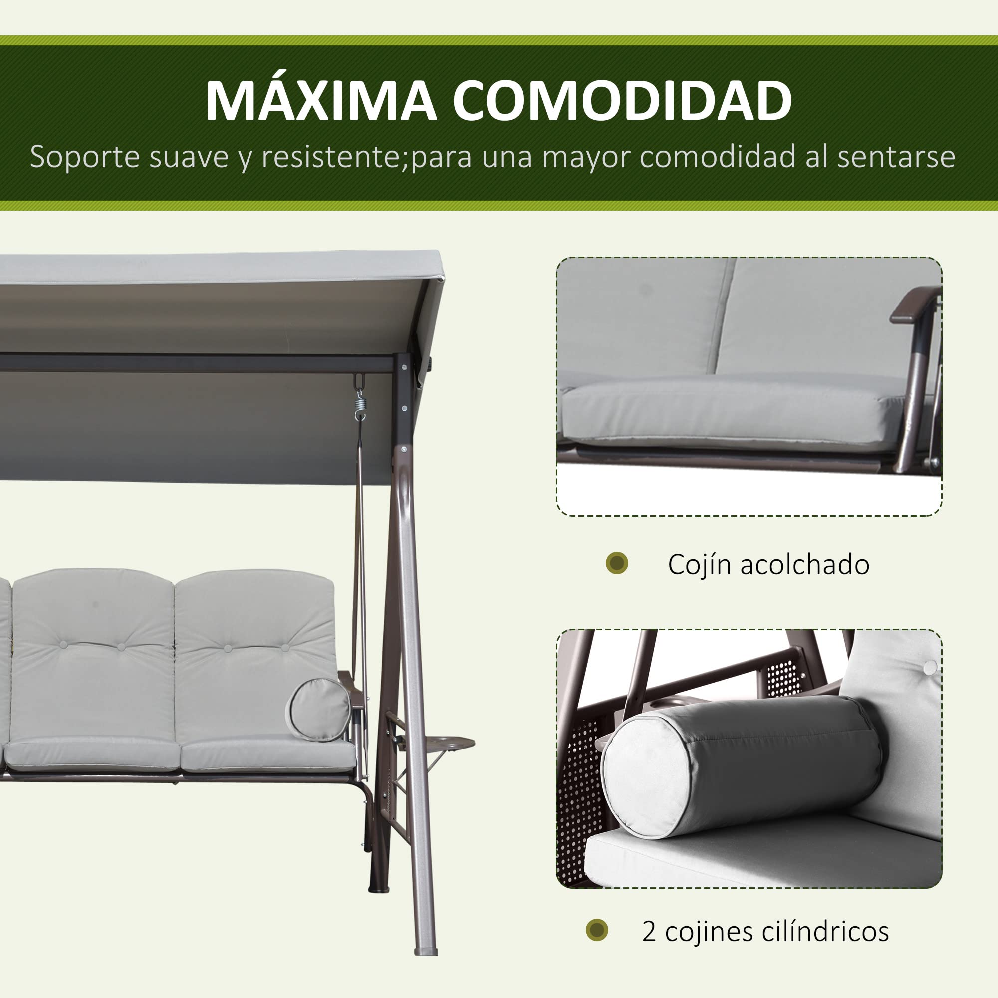 Outsunny Balancín de Jardín Exterior de 3 Plazas 206x116x183 cm Gris | Columpio de Jardín Exterior, Toldo Ajustable, Bandejas Laterales, 2 Almohadas, Marco de Metal, Carga 360 kg