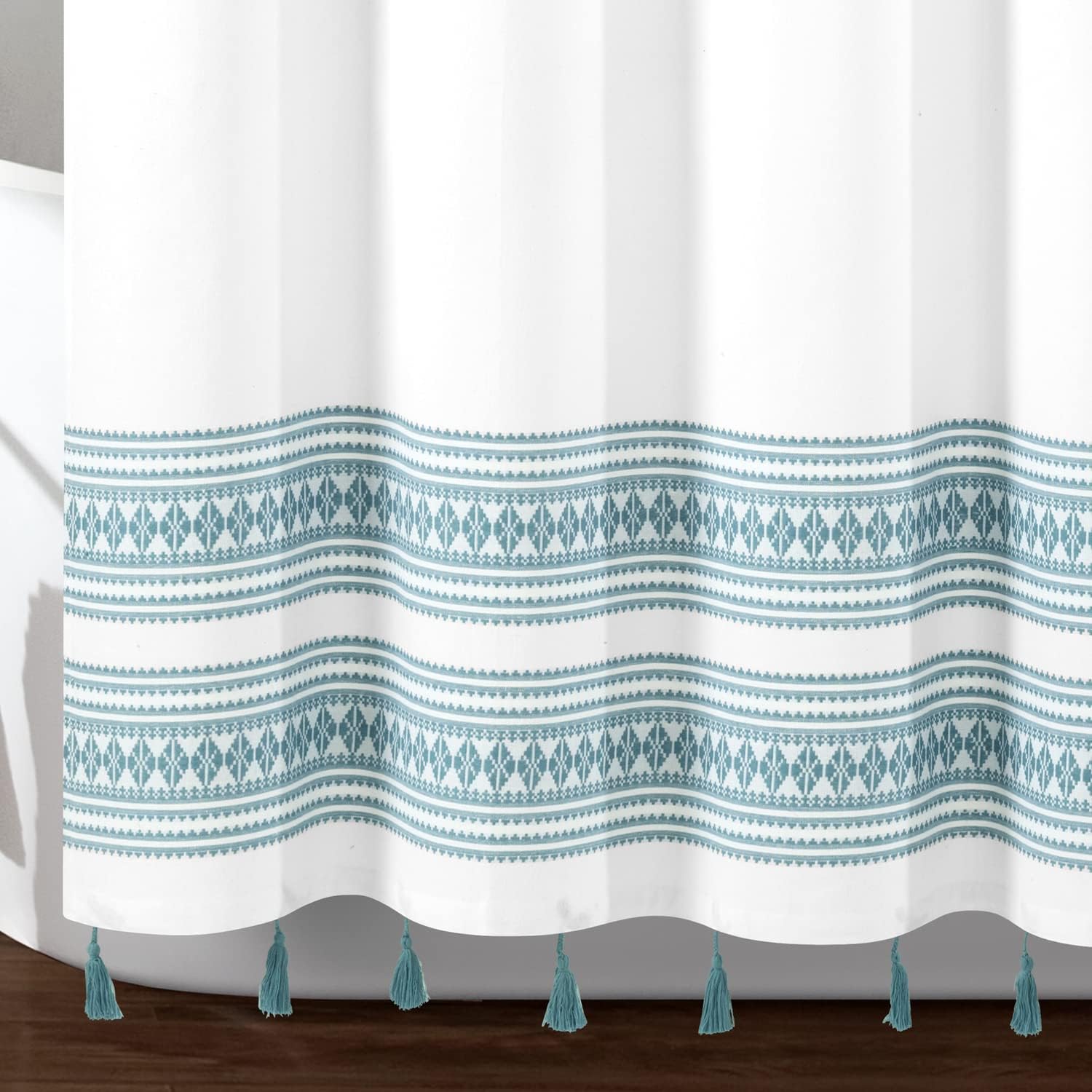 Lush Decor Breezy Chic Tassel Jacquard Cotton Blend Shower Curtain Single 72" W x 72" L Blue - White Shower Curtains for Bathroom - Boho Bathroom Curtain