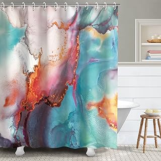 RosieLily Teal Marble Shower Curtain, Orange Abstract Bathroom Curtain, Red Blue Watercolor Shower Curtains Set with 12 Hooks, Ombre Marble Bathroom Decor, 72"x72"