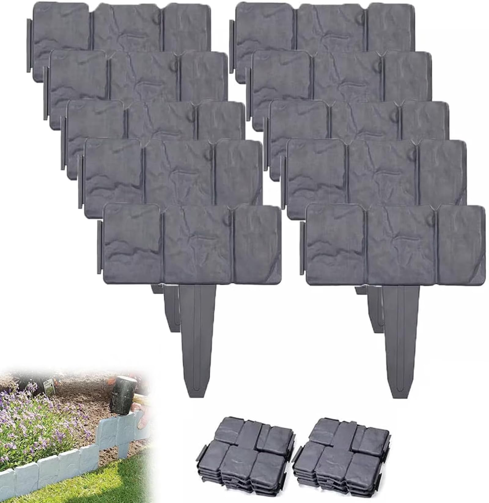 Photo 1 of 2026 Imitation Stone Garden Fence Edging - Grey Cobbled Effect Plastic Retaining Border, Interlocking Decorative Panels for Flower Bed, Path, Lawn & Yard (20pcs,Gray)