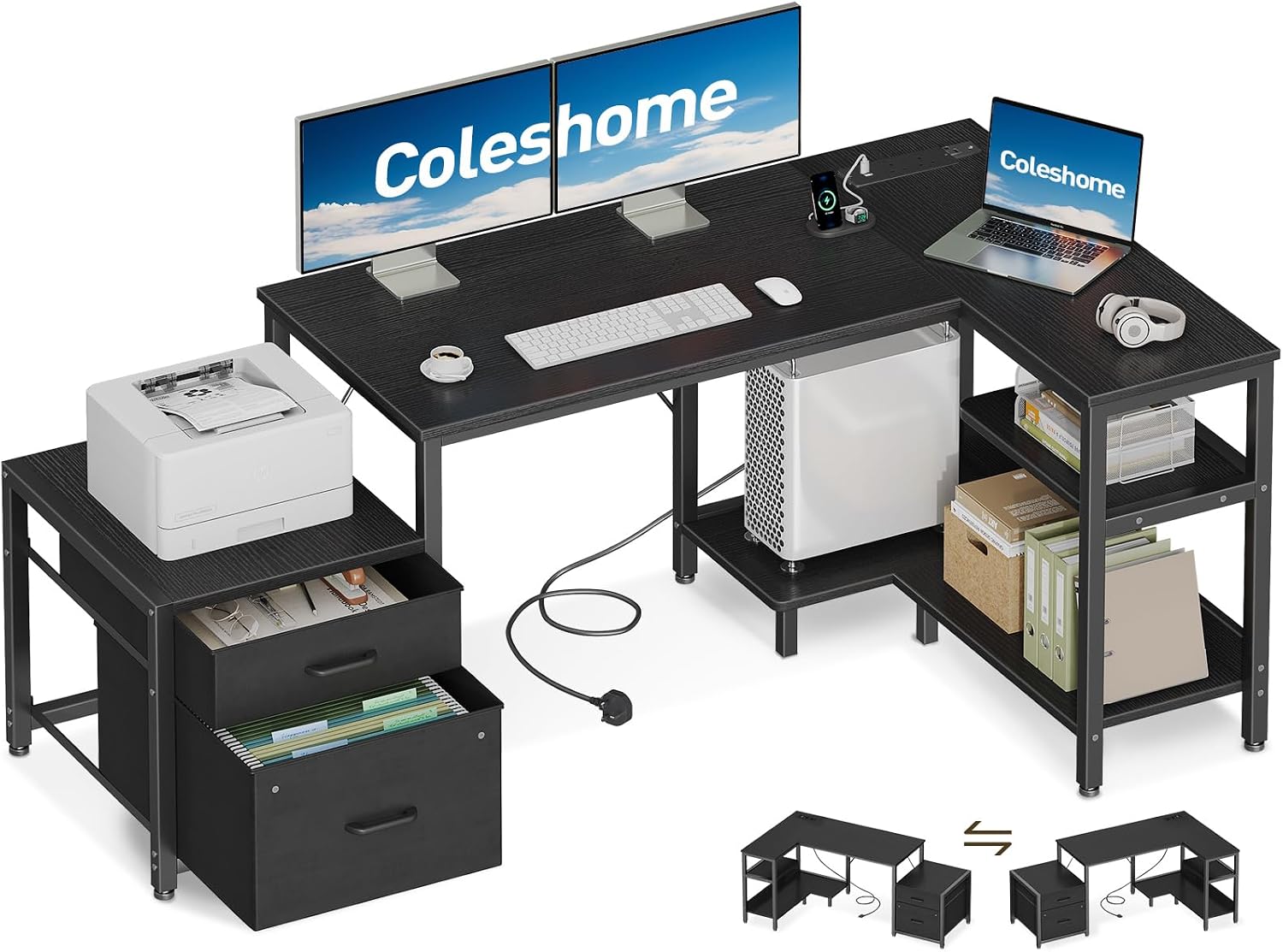 Coleshome Corner Desk with Drawers, 140×80 cm L Shaped Computer Desk ...