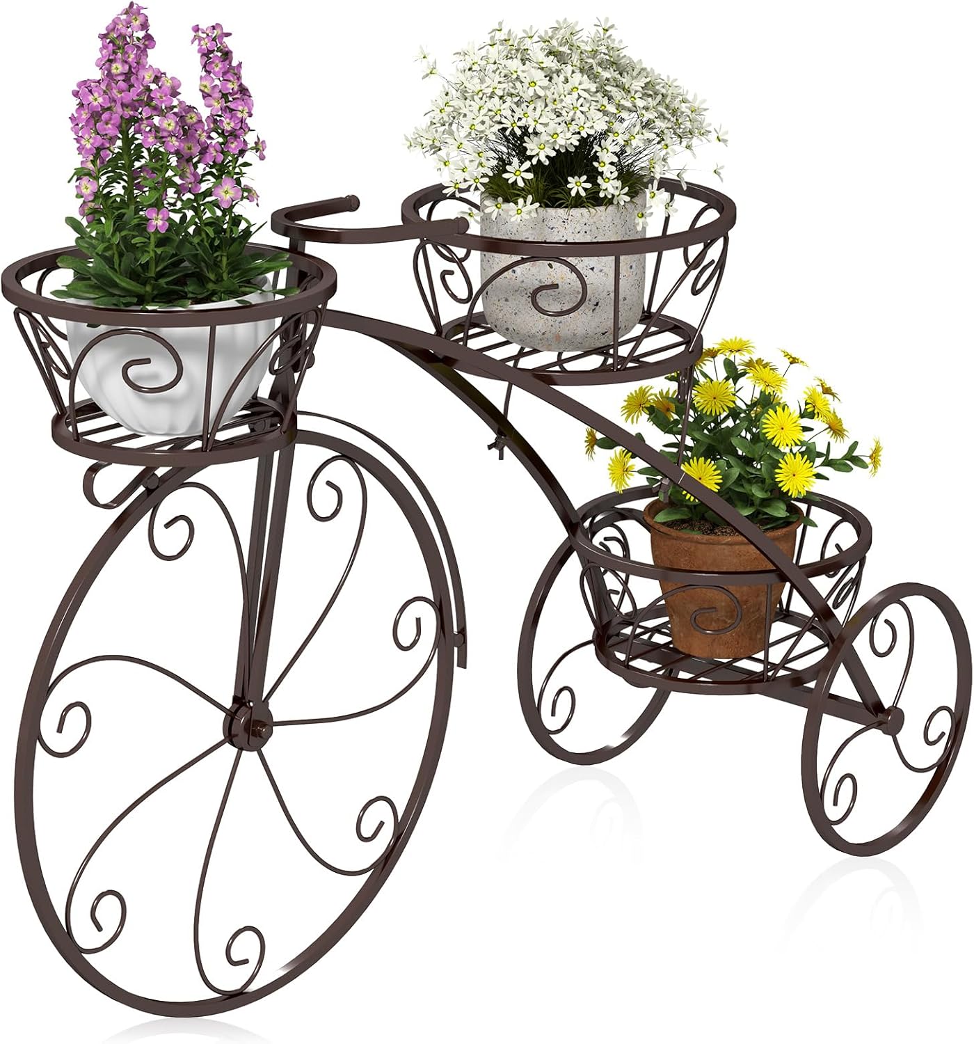 Tricycle Plant Stand, 3-Tier Metal Plant Stand Bicycle Flower Pot Cart with Hollowed Baskets, Planter Potted Holder for Patio, Garden, Deck, Lawn (Bronze)