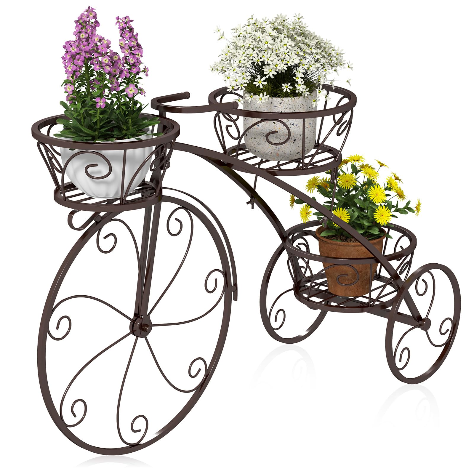 GOPLUS Pflanzenregal Fahrrad, Blumenregal mit 3 Ebenen, Blumenständer aus Metall, Pflanzenständer Blumentopfständer für Garten Balkon & Terrasse (85 x 25 x 50 cm,Bronze)