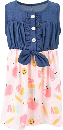 Unique Baby Girls Sleeveless Denim Dress with Knot Tie and Fun Print for Toddler and Big Kids