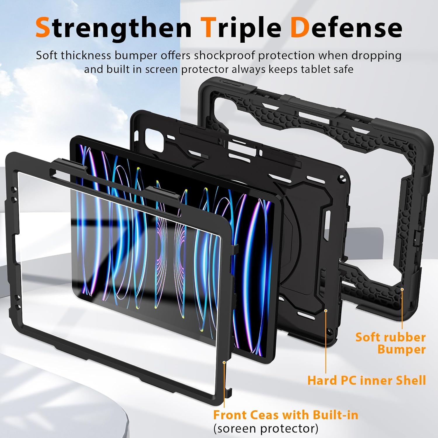 ROISKIN for iPad Pro 12.9 -Inch Case (6th, 5th, 4th & 3rd Gen)with HD Screen Protector, 360 Stand, Handle, Pencil Holder,Shoulder Strap[15ft Drop Protection]Rugged Bulky Full Body 12.9 iPad Pro Case - Image 6