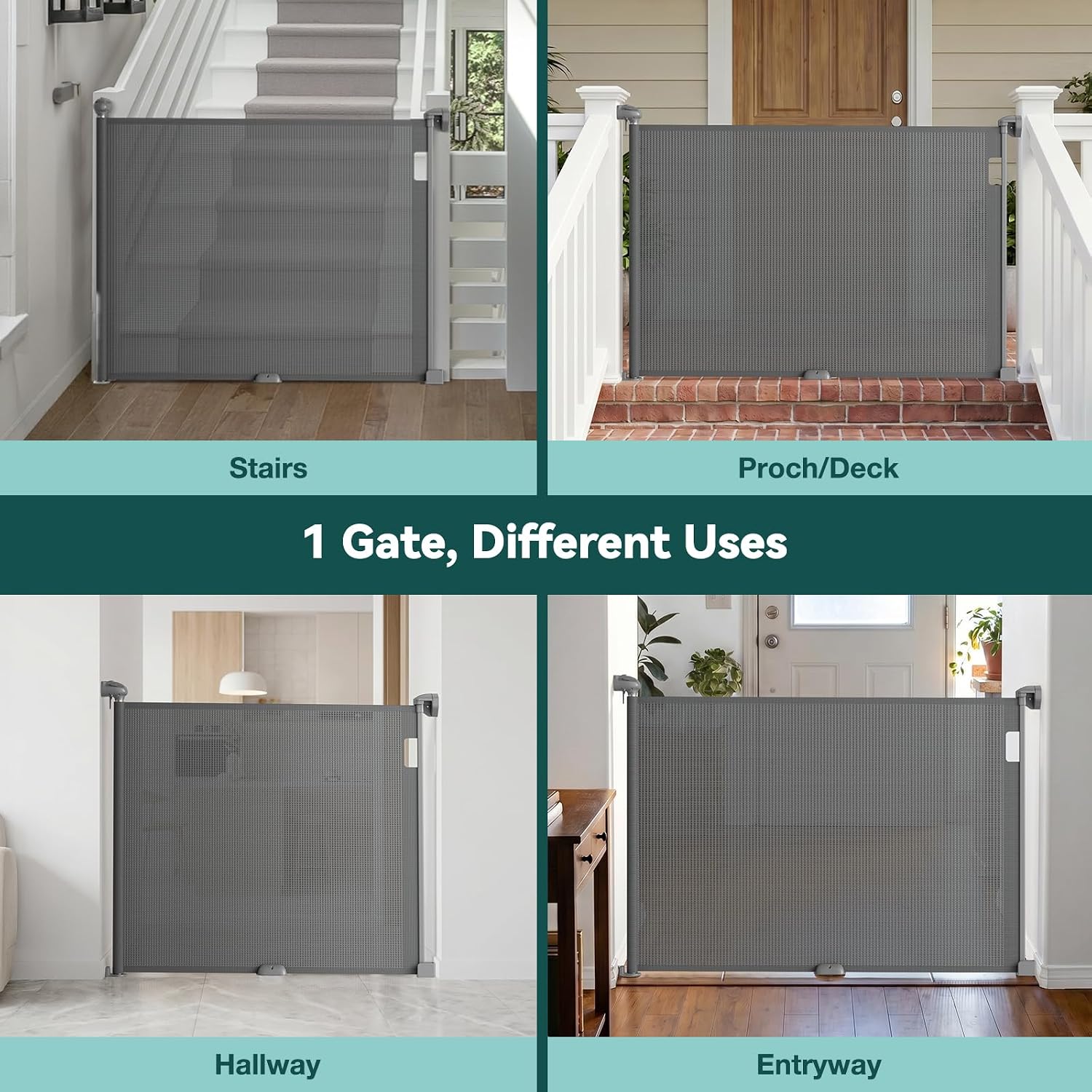 Babepai Retractable Baby Gates for Stairs, Retractable Dog Gate for Indoor/Outdoor Use | Child Gates for Doorways, Deck, Porch, Hallways, Patio (Grey, 55" Wide × 34" Height)