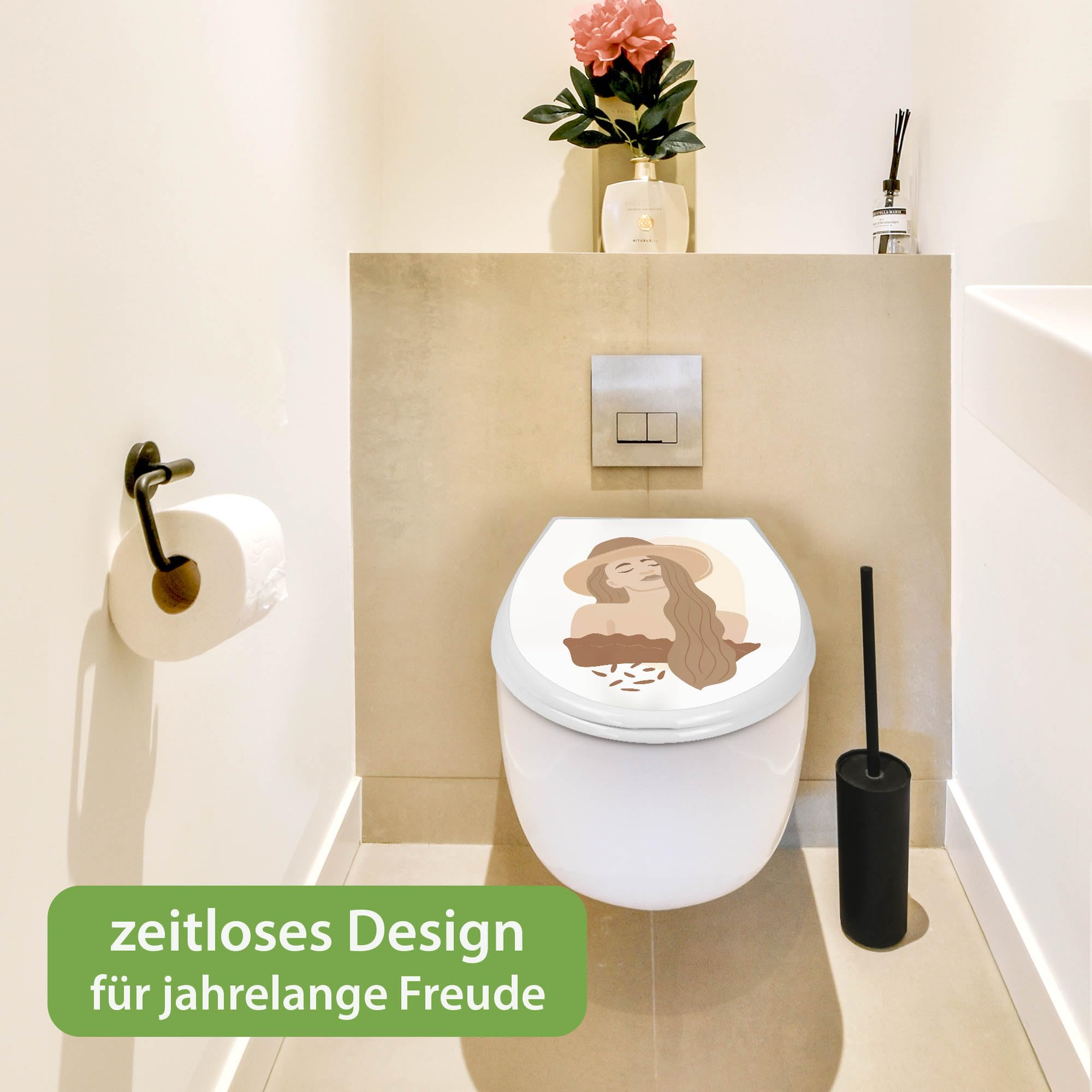 banjado Familien WC Sitz mit Absenkautomatik 44,9x37,1cm - Klobrille mit Kindersitz aus hochwertigem Polypropylen - Toilettendeckel mit Kinder Toilettensitz integriert - Motiv Boho Frau