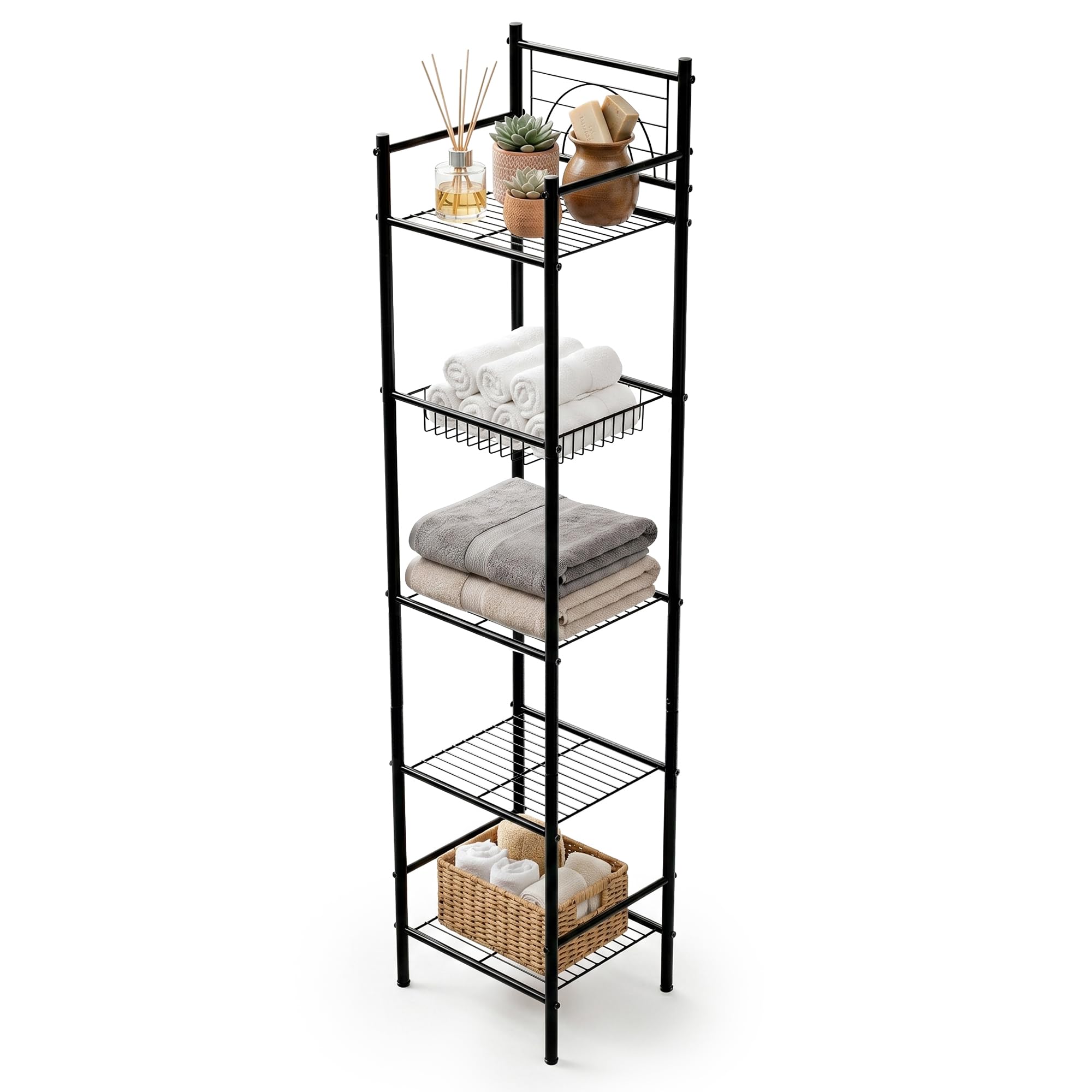 Amig - Estantería de baño Mod. ORIA - 5 Alturas - Fabricado en Acero - Color Negro Mate - con Patas Ajustables - para Espacios pequeños - 34 x 30 x 150 cm