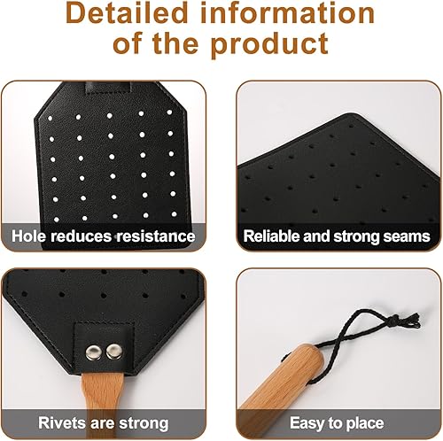 Miniatura 3 de Matamoscas de cuero, matamoscas manual resistente con mango de madera largo y cuerda para colgar, matamoscas duradero, matamoscas de avispas para