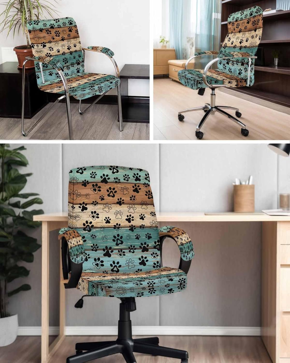 DecorLovee Dog Paw Print Office Chair Cover with Armrest Covers & Zipper, Teal Brown Beige Wood Spandex Computer Chair Covers, Rustic Farmhouse Universal Rotating Desk Chair Slipcovers Protector, S