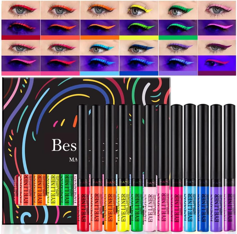 12 Colors Matte Liquid Eyeliner Set Colorful UV Neon Eyeliner Pencil Pigmented Waterproof Smudgeproof Long Lasting Eye Liner Xmas Christmas Festival Makeup Gift Kit for Women (Set C)