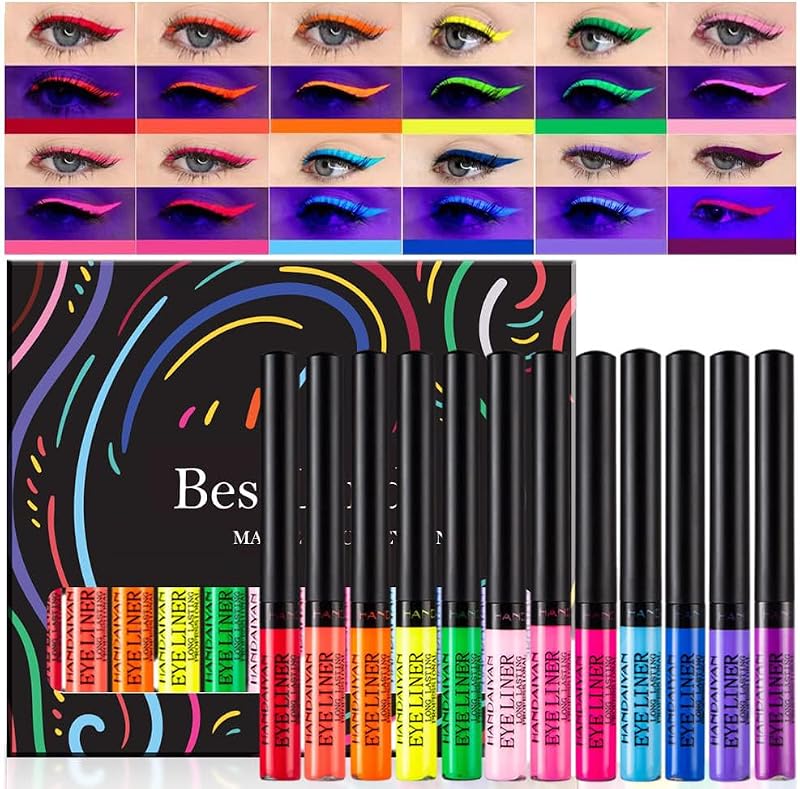 BestLand 12 Colors Matte Liquid Eyeliner Set Colorful UV Neon Eyeliner Pencil Pigmented Waterproof Smudgeproof Long Lasting Eye Liner Xmas Christmas Festival Makeup Gift Kit for Women (Set C)