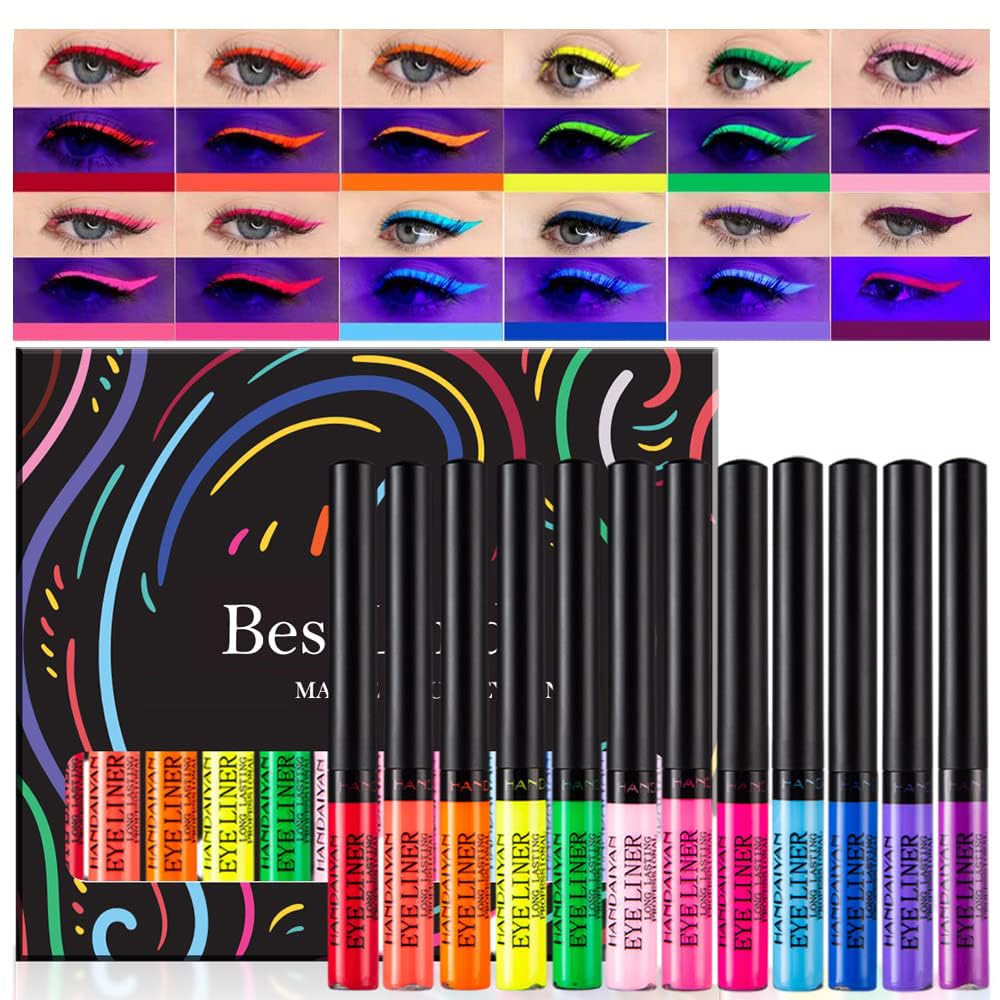 BestLand 12 Colors Matte Liquid Eyeliner Set Colorful UV Neon Eyeliner Pencil Pigmented Waterproof Smudgeproof Long Lasting Eye