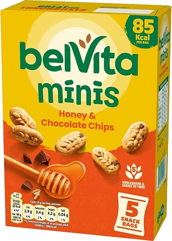 Belvita Minis, Honey & Chocolate Chips, 5 Snack Bags, 95 g (Pack of 1)