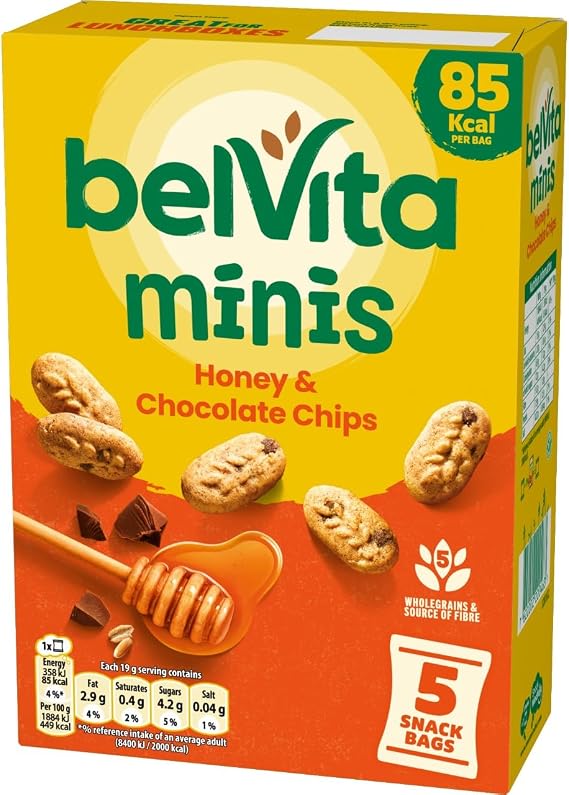 Belvita Minis, Honey & Chocolate Chips, 5 Snack Bags, 95 g (Pack of 1)