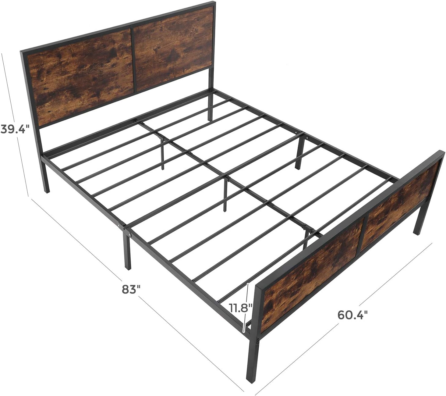 VASAGLE Queen Size Metal Bed Frame with Headboard, Footboard, No Box Spring Needed, Platform Bed, Under-Bed Storage, Industrial Style, Rustic Brown and Black URMB001B01