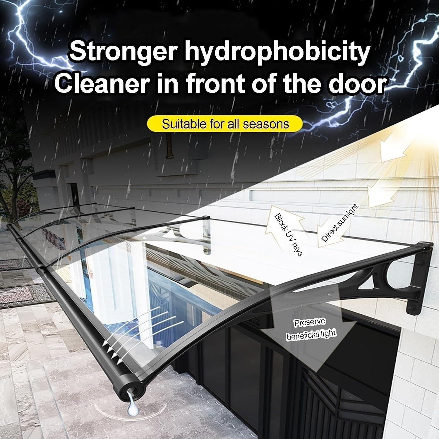 Polycarbonate Door Canopy Silent Awning for Balcony & Garage Rain & Snow Protection Entryway Cover Window Awning for Office (W120xL120cm)